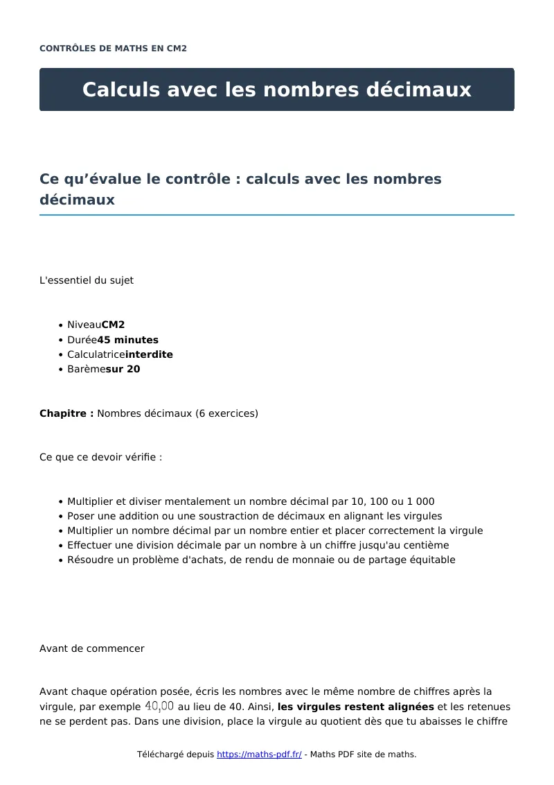 Calculs avec les nombres décimaux : contrôle de maths en CM2 corrigé en PDF
