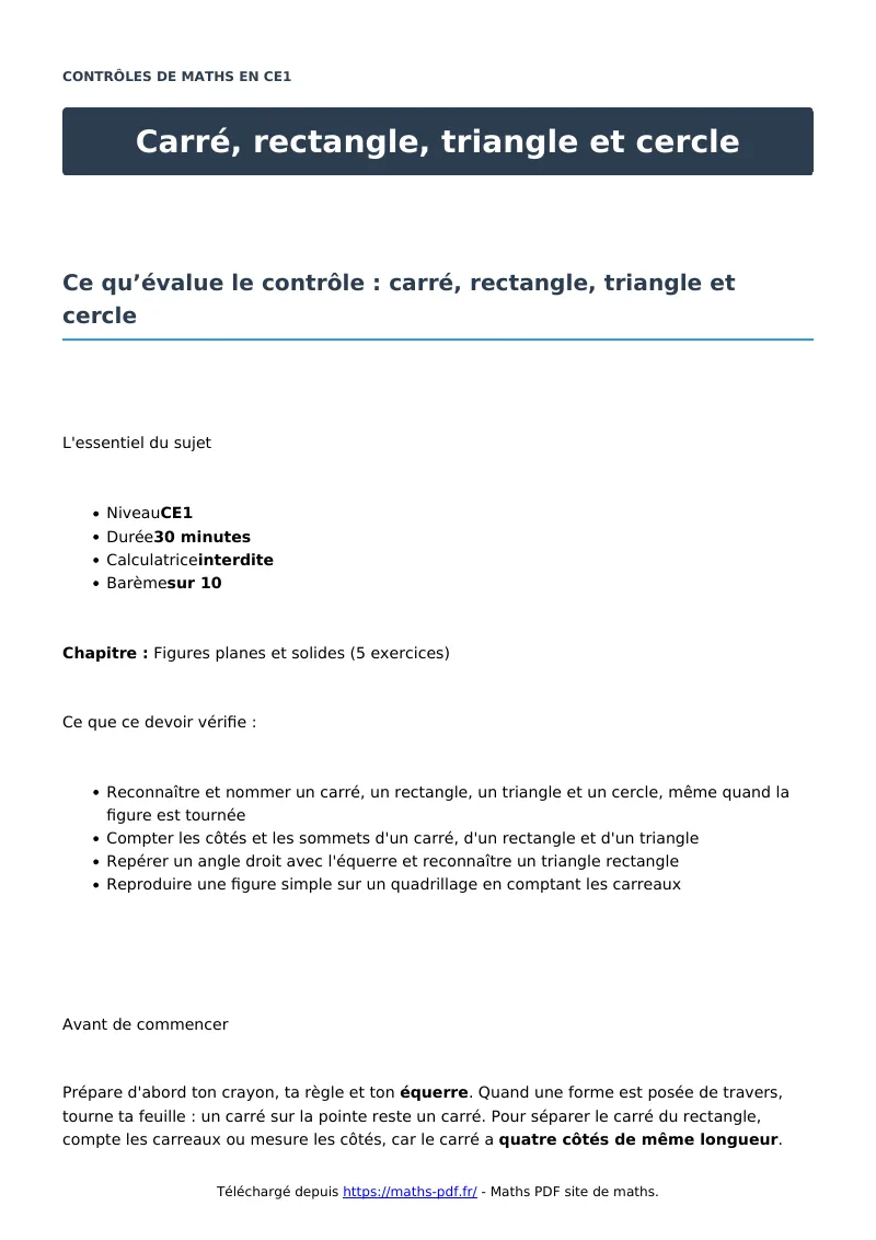 Carré, rectangle, triangle et cercle : contrôle de maths en CE1 corrigé en PDF