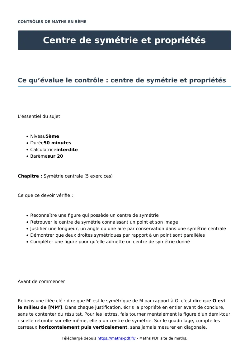 Centre de symétrie et propriétés : contrôle de maths en 5ème corrigé en PDF