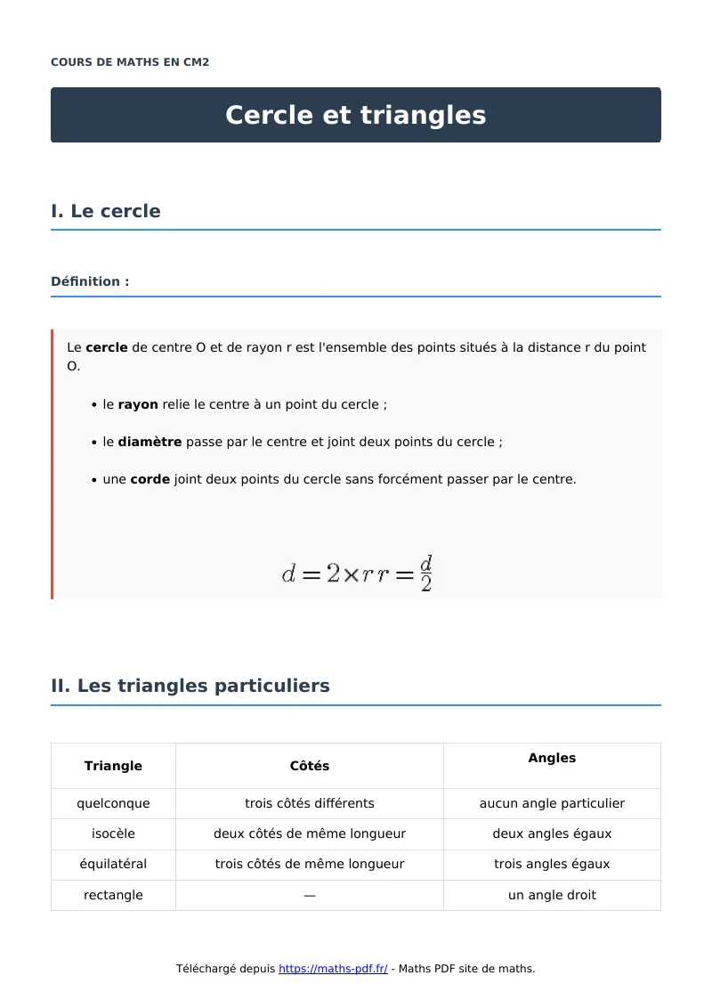 Cercle et triangles : cours de maths en CM2 en PDF