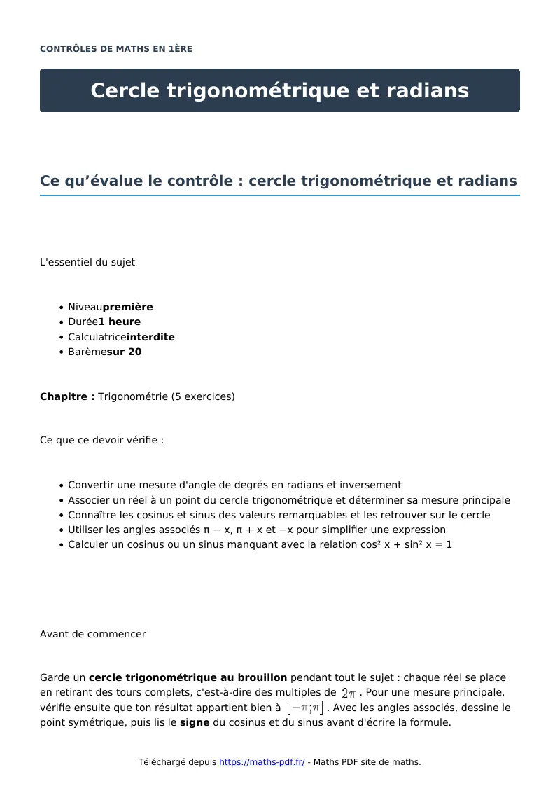 Cercle trigonométrique et radians : contrôle de maths en première corrigé en PDF