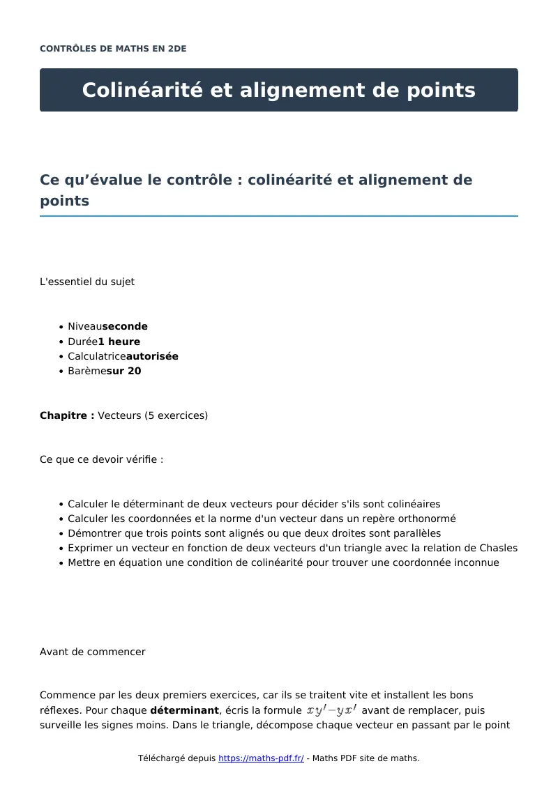 Colinéarité et alignement de points : contrôle de maths en seconde corrigé en PDF