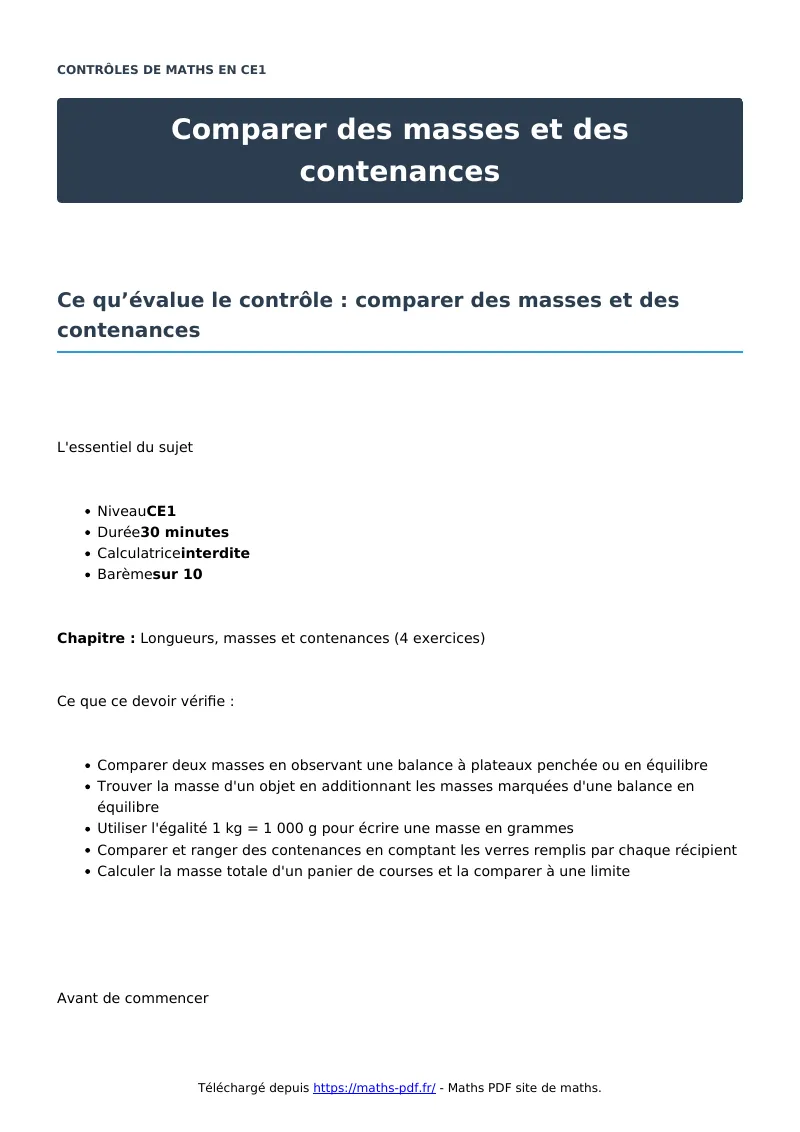 Comparer des masses et des contenances : contrôle de maths en CE1 corrigé en PDF