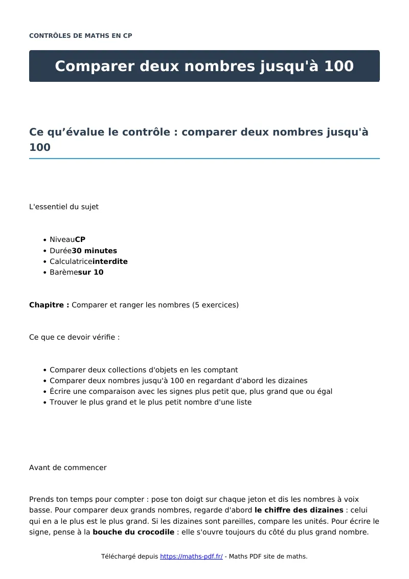 Comparer deux nombres jusqu’à 100 : contrôle de maths en CP corrigé en PDF