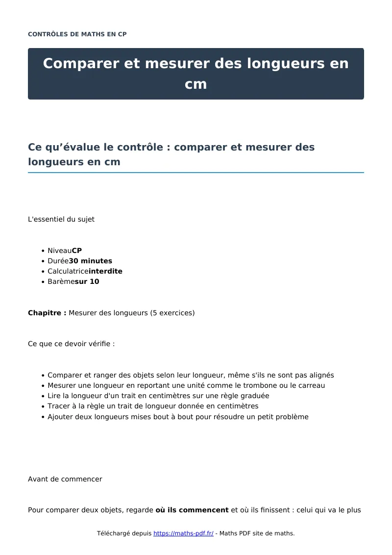 Comparer et mesurer des longueurs en cm : contrôle de maths en CP corrigé en PDF