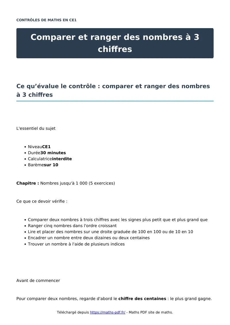 Comparer et ranger des nombres à 3 chiffres : contrôle de maths en CE1 corrigé en PDF