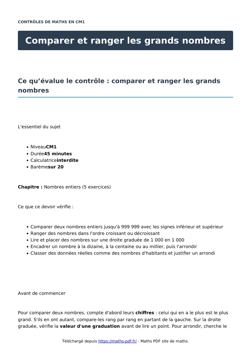 Comparer et ranger les grands nombres : contrôle de maths en CM1 corrigé en PDF