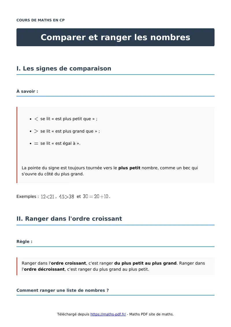 Comparer et ranger les nombres : cours de maths en CP en PDF
