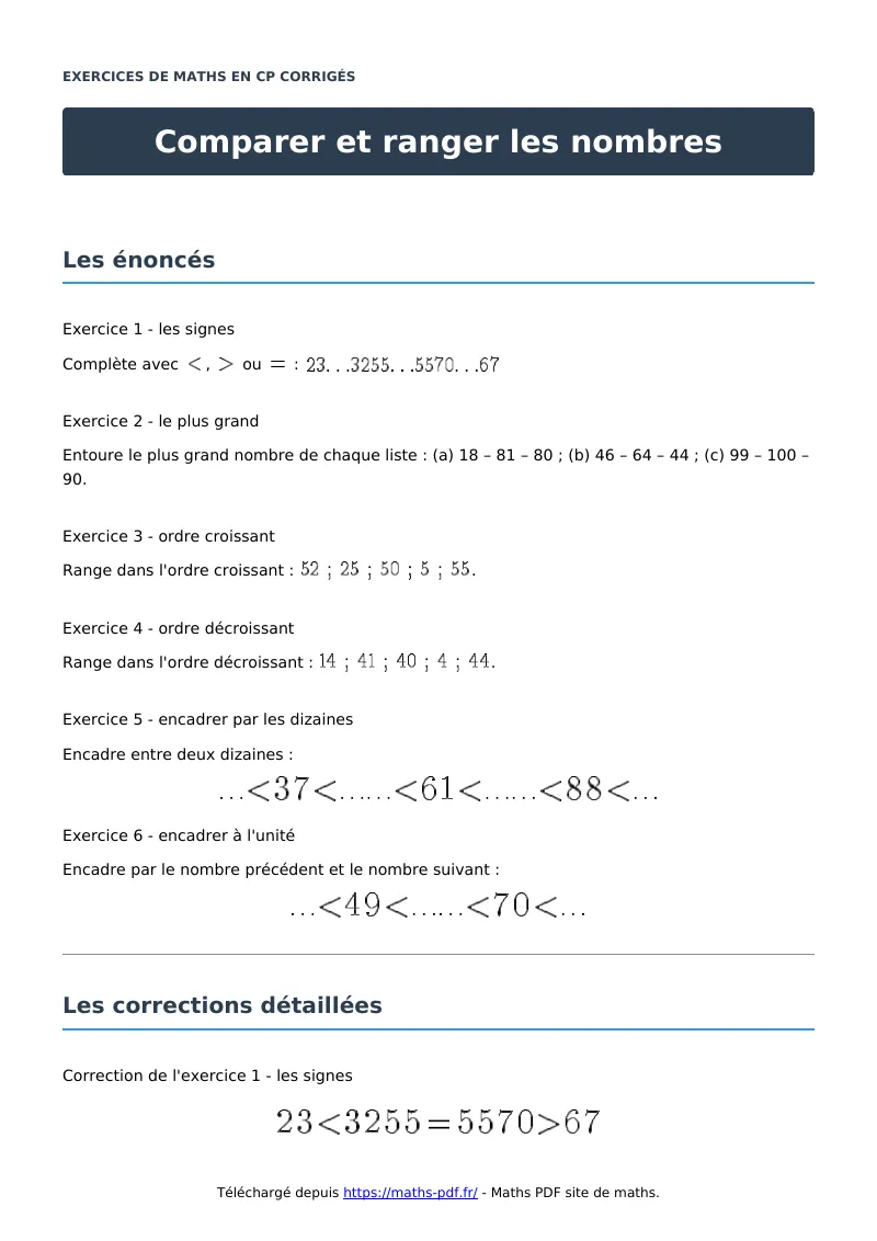 Comparer et ranger les nombres : exercices de maths en CP corrigés en PDF