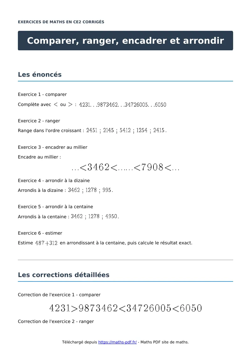 Comparer, ranger, encadrer et arrondir : exercices de maths en CE2 corrigés en PDF