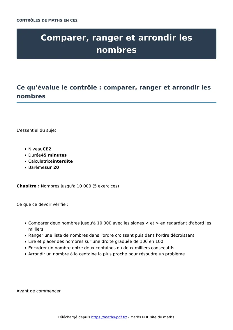 Comparer, ranger et arrondir les nombres : contrôle de maths en CE2 corrigé en PDF