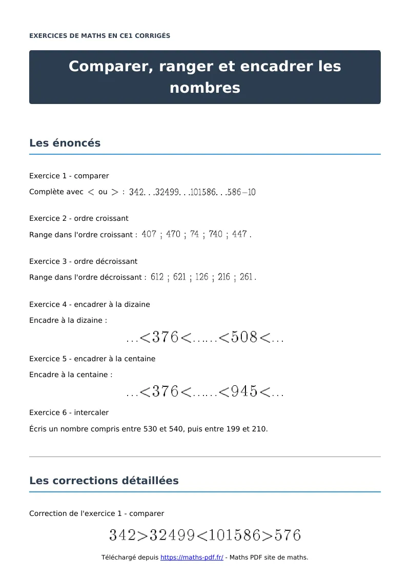 Comparer, ranger et encadrer les nombres : exercices de maths en CE1 corrigés en PDF