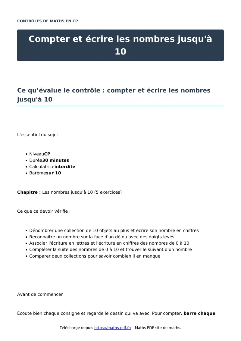 Compter et écrire les nombres jusqu’à 10 : contrôle de maths en CP corrigé en PDF