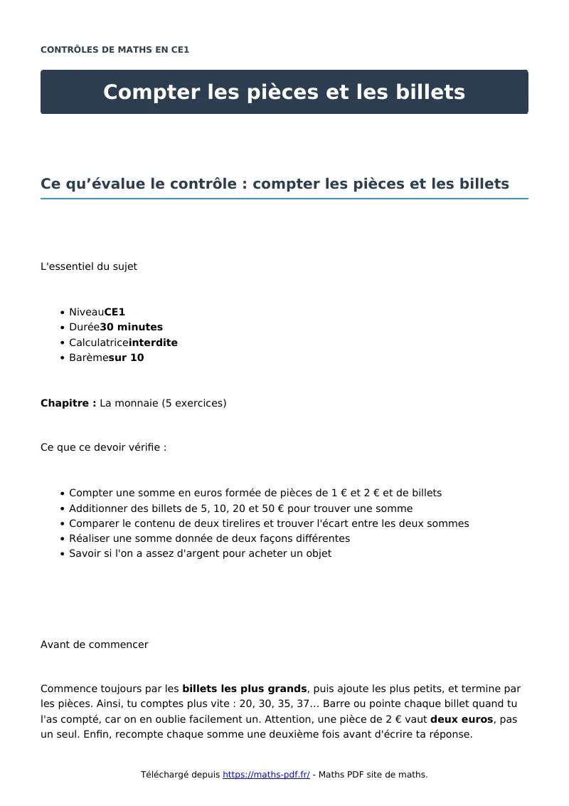 Compter les pièces et les billets : contrôle de maths en CE1 corrigé en PDF