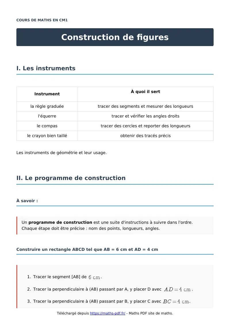 Construction de figures : cours de maths en CM1 en PDF