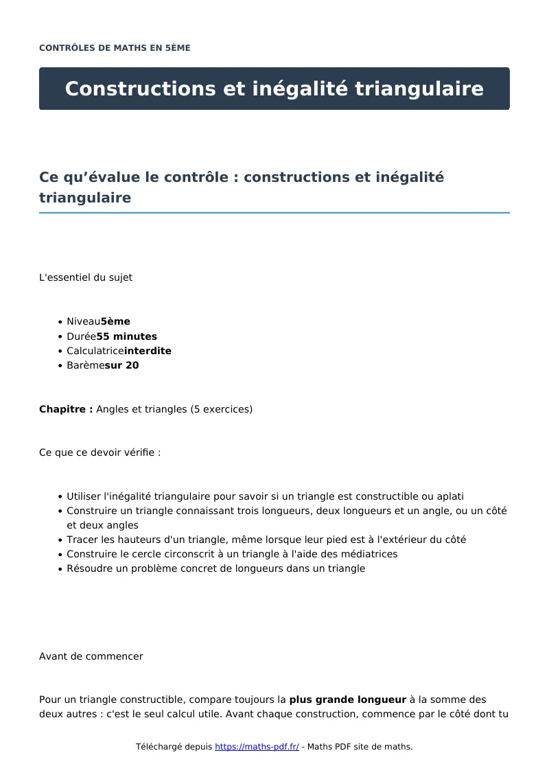 Constructions et inégalité triangulaire : contrôle de maths en 5ème corrigé en PDF