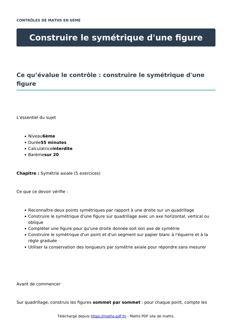 Construire le symétrique d’une figure : contrôle de maths en 6ème corrigé en PDF