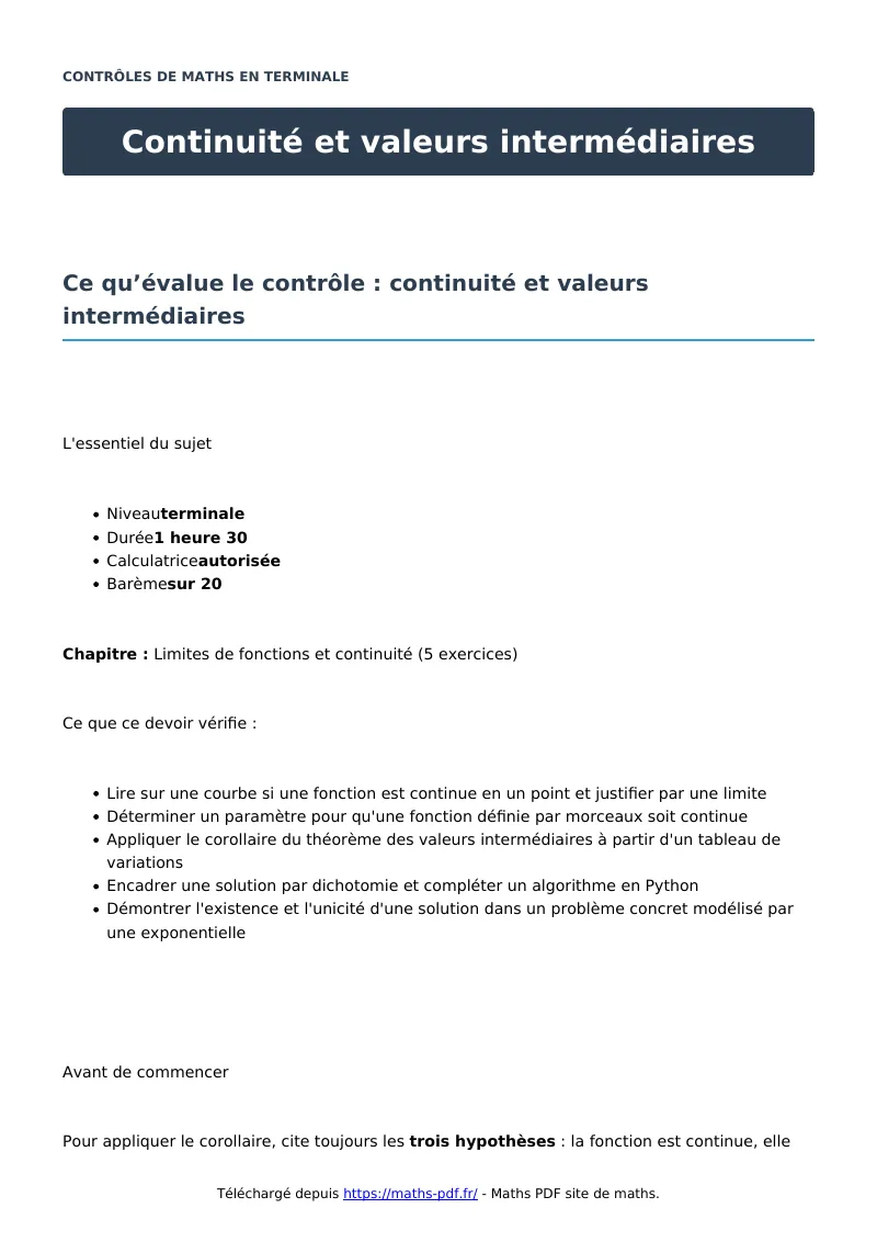 Continuité et valeurs intermédiaires : contrôle de maths en terminale corrigé en PDF