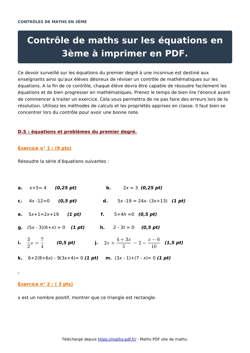Contrôle sur les équations en 3ème à imprimer : contrôle de maths en 3ème corrigé en PDF