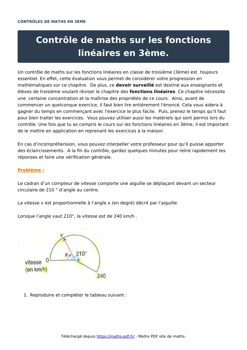 Contrôle sur les fonctions linéaires en 3ème : contrôle de maths en 3ème corrigé en PDF