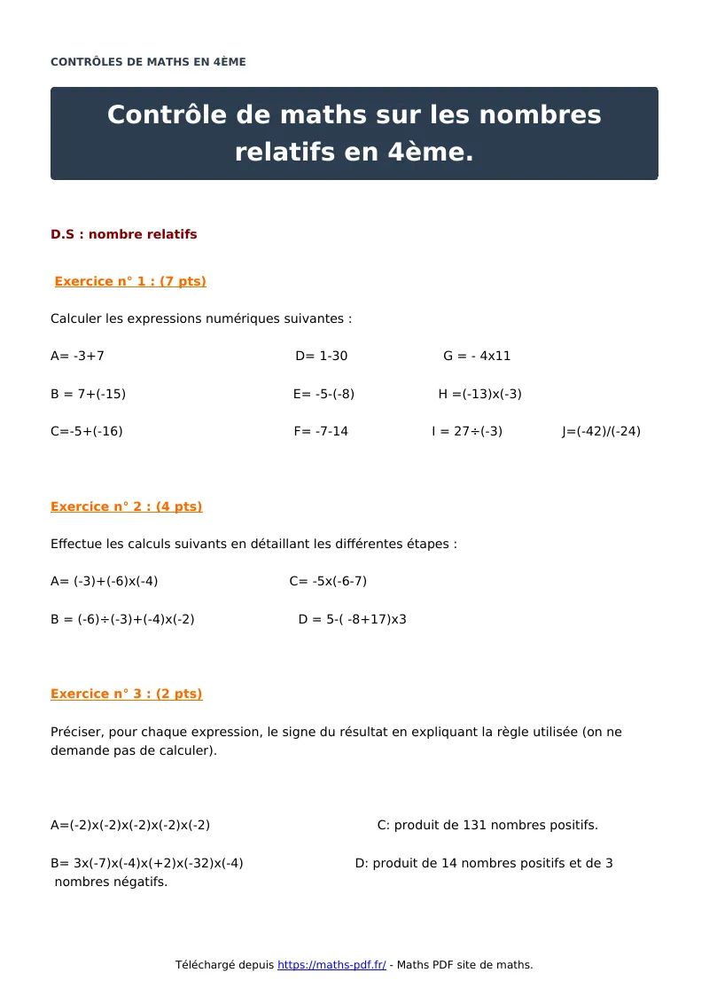 Contrôle sur les nombres relatifs en 4ème : contrôle de maths en 4ème corrigé en PDF