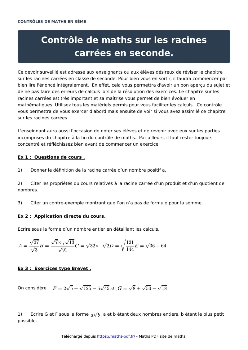 Contrôle sur les racines carrées : contrôle de maths en 3ème corrigé en PDF