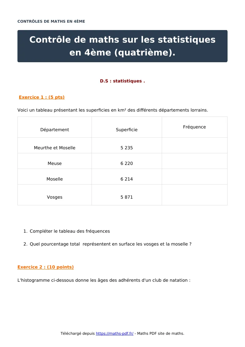 Contrôle sur les statistiques en 4ème (quatrième) : contrôle de maths en 4ème corrigé en PDF