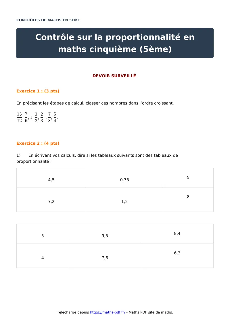 Contrôle sur la proportionnalité en maths cinquième (5ème) : contrôle de maths en 5ème corrigé en PDF