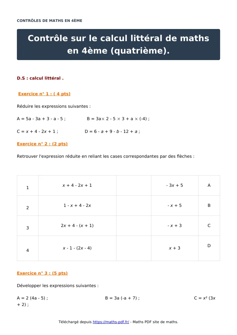 Contrôle sur le calcul littéral en 4ème (quatrième) : contrôle de maths en 4ème corrigé en PDF