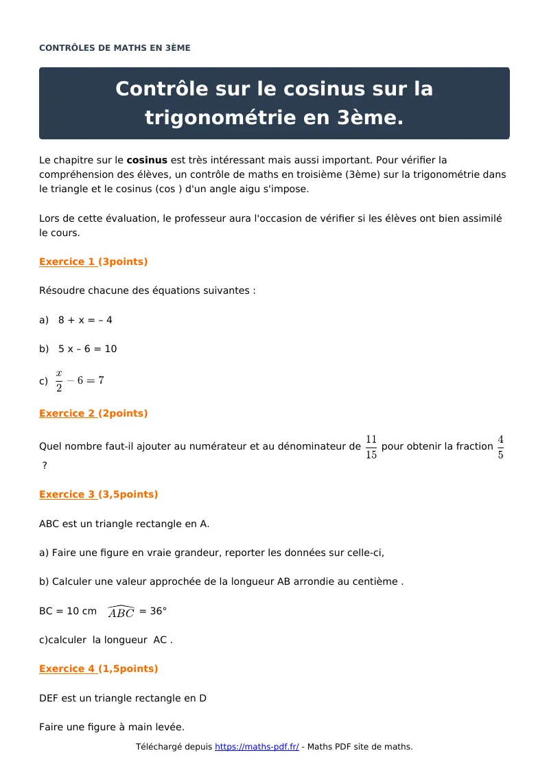 Contrôle sur le cosinus sur la trigonométrie en 3ème : contrôle de maths en 3ème corrigé en PDF