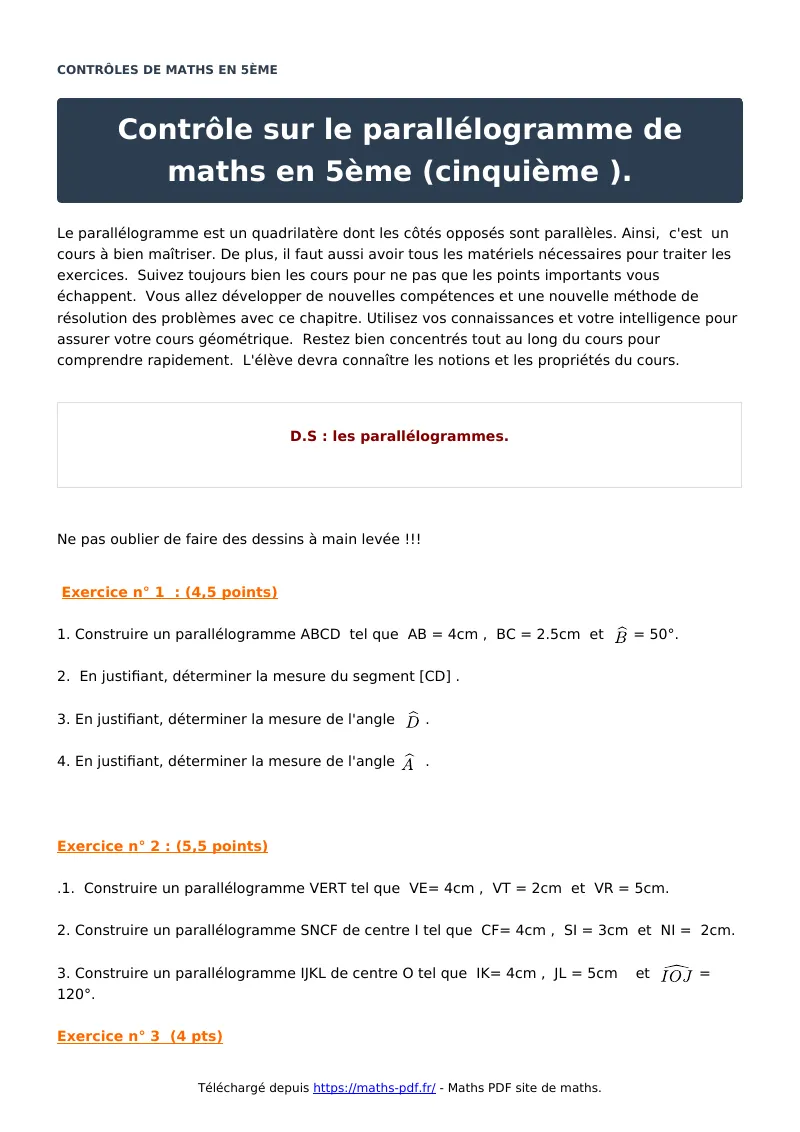 Contrôle sur le parallélogramme en 5ème (cinquième ) : contrôle de maths en 5ème corrigé en PDF