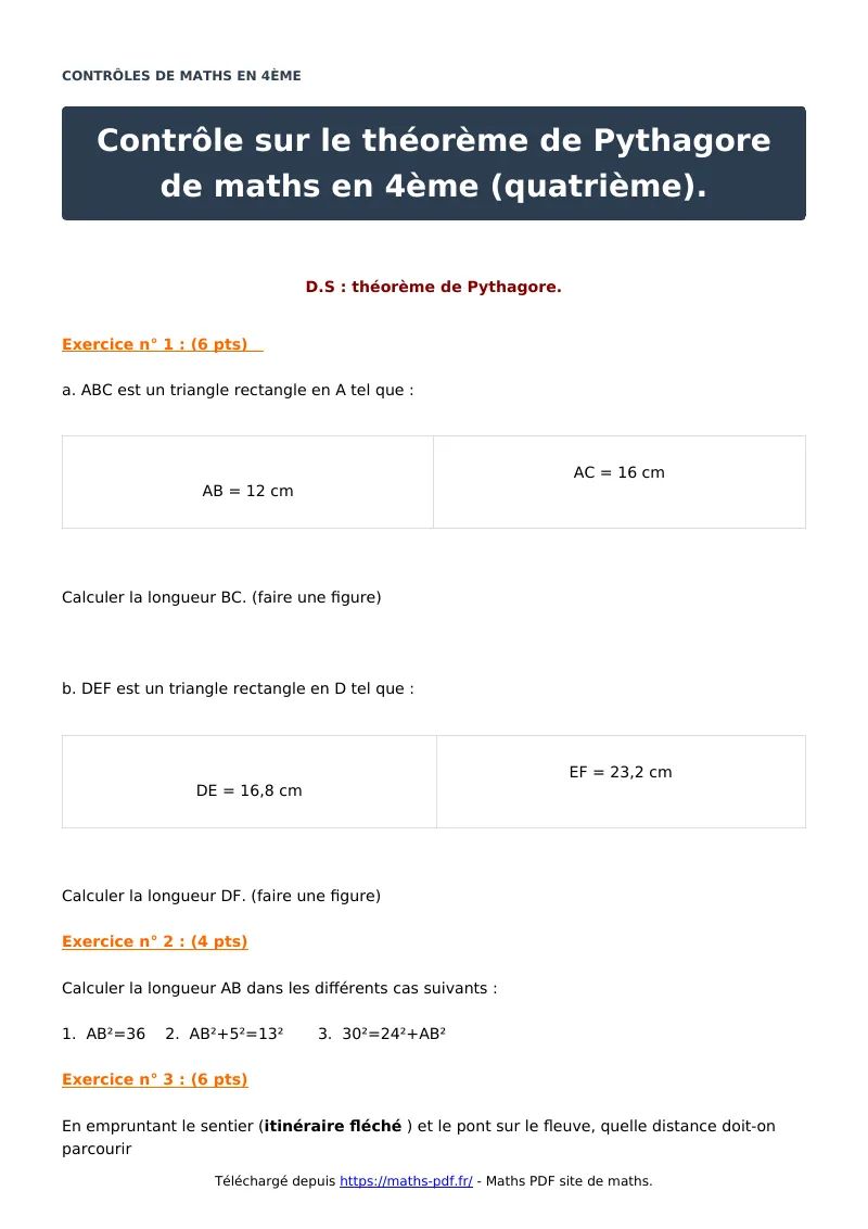 Contrôle sur le théorème de Pythagore en 4ème (quatrième) : contrôle de maths en 4ème corrigé en PDF