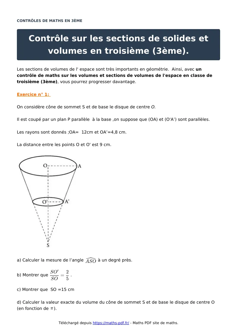 Contrôle sur les sections de solides et volumes en troisième (3ème) : contrôle de maths en 3ème corrigé en PDF