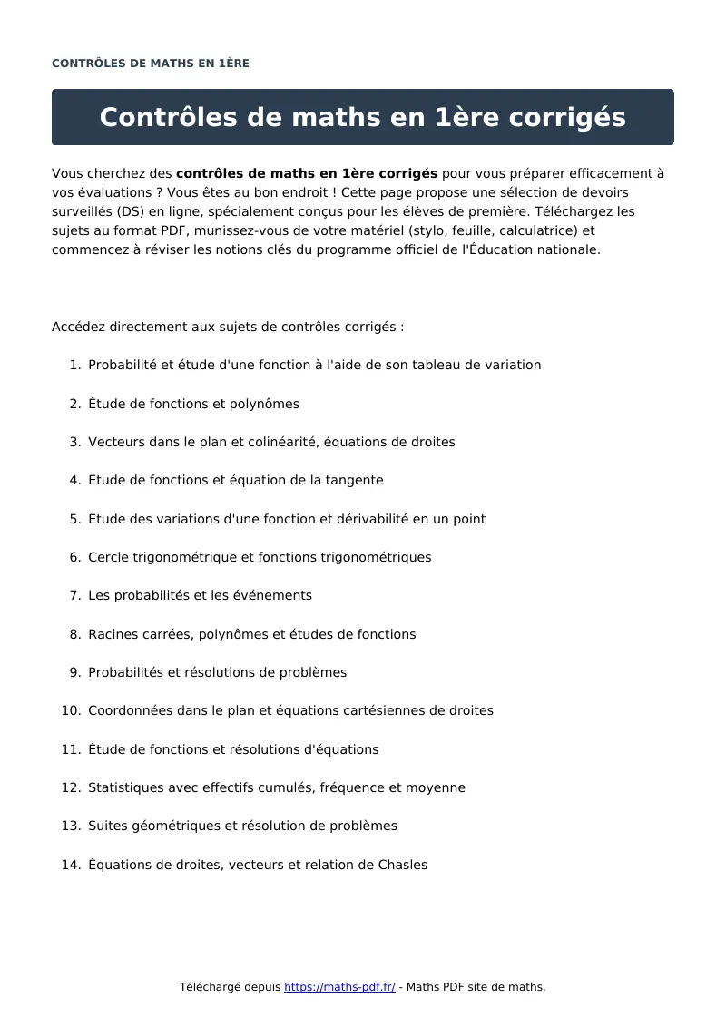 Contrôles en 1ère ?s : contrôle de maths en première corrigé en PDF
