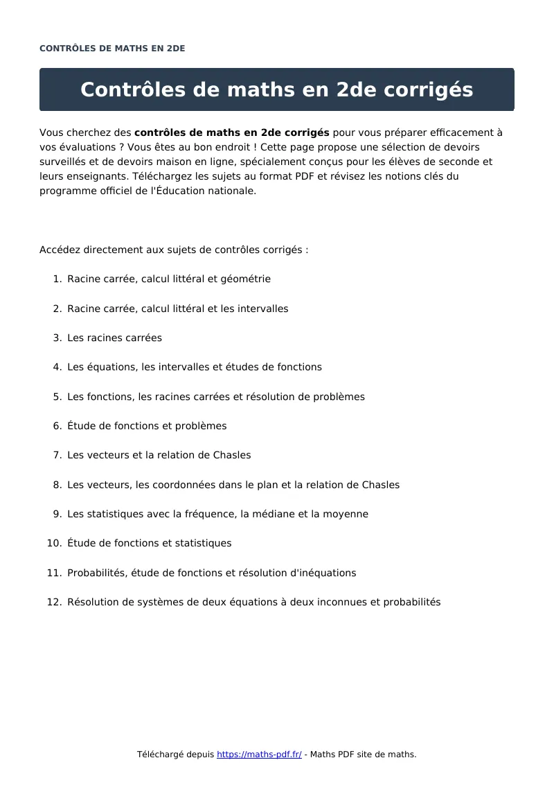 Contrôles ?s : contrôle de maths en seconde corrigé en PDF