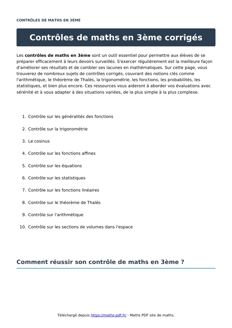 Contrôles en 3ème ?s : contrôle de maths en 3ème corrigé en PDF