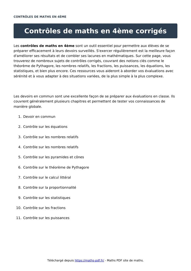 Contrôles en 4ème ?s : contrôle de maths en 4ème corrigé en PDF