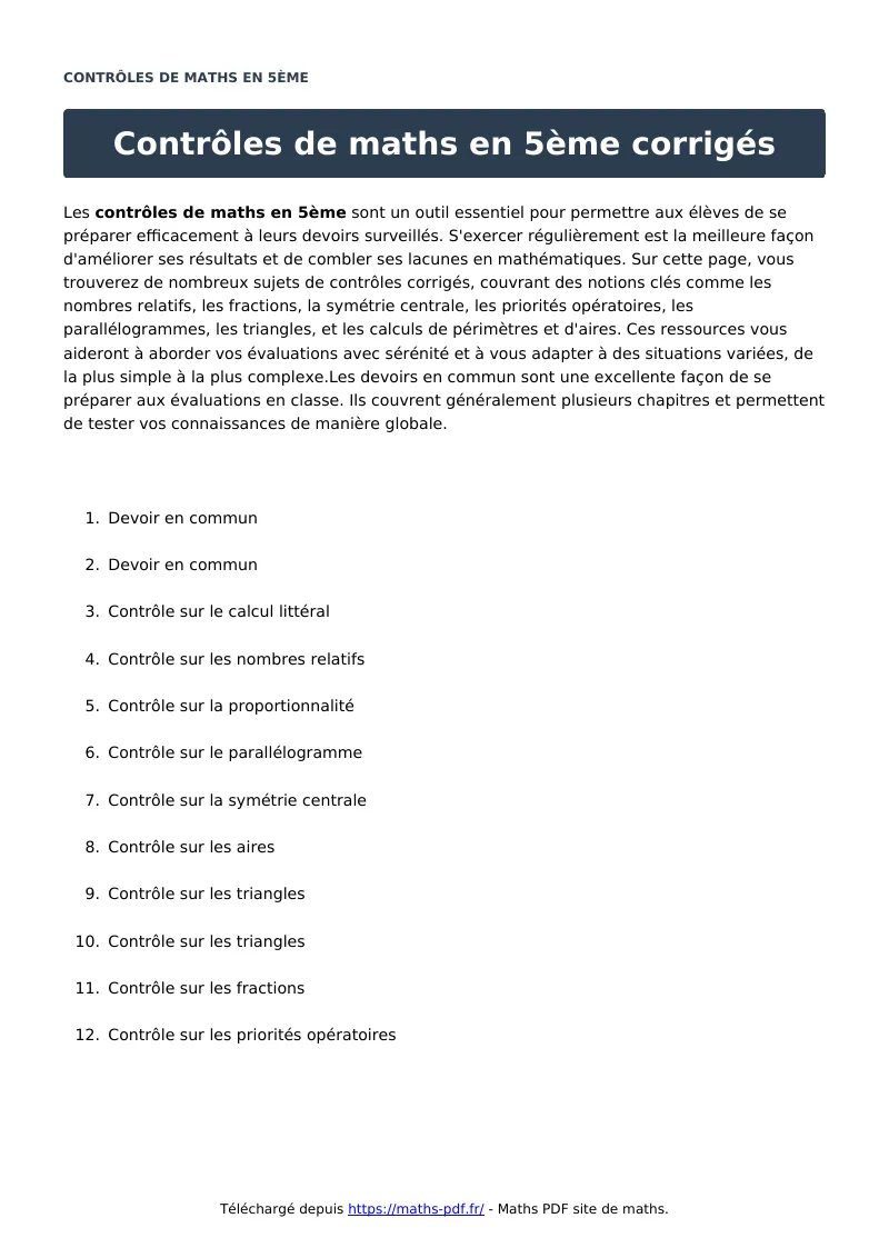 Contrôles en 5ème ?s : contrôle de maths en 5ème corrigé en PDF