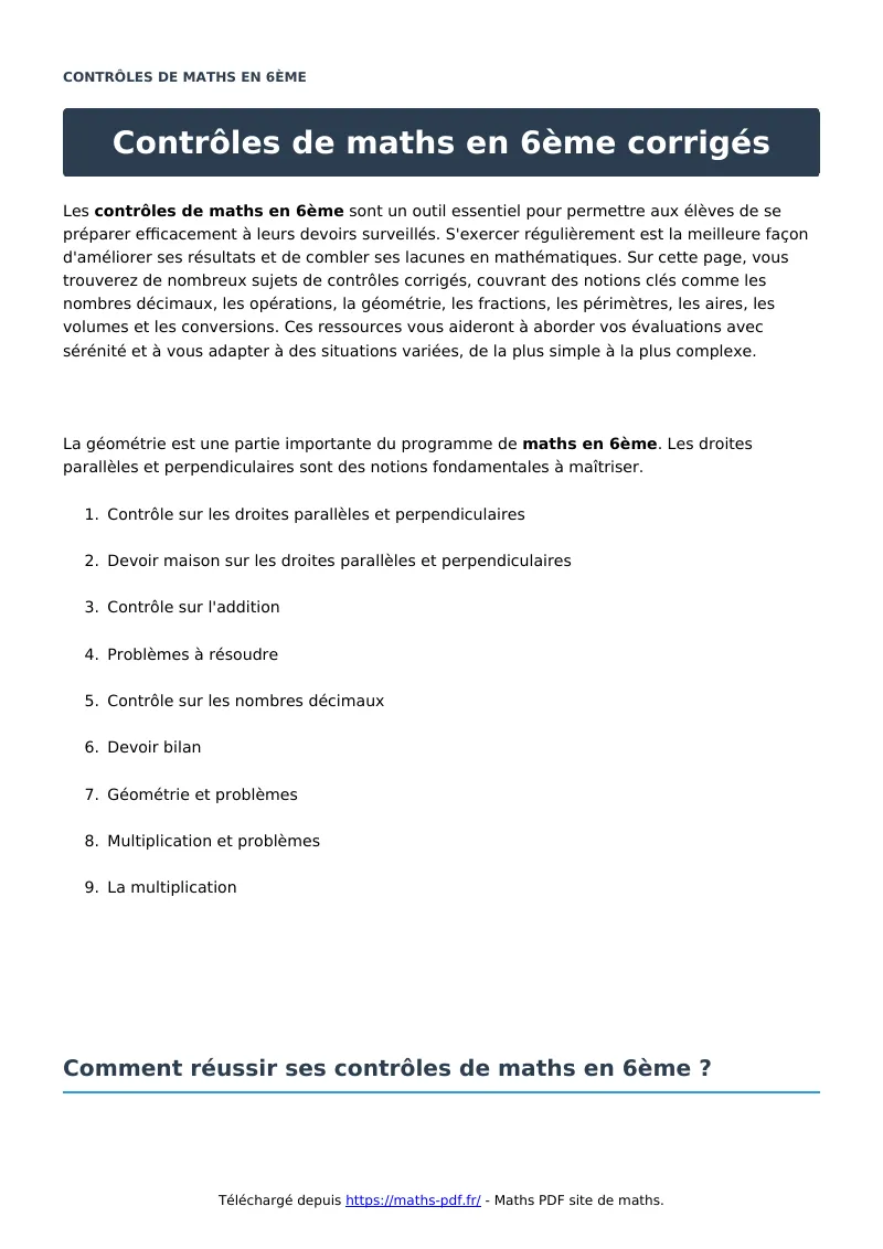Contrôles en 6ème ?s : contrôle de maths en 6ème corrigé en PDF