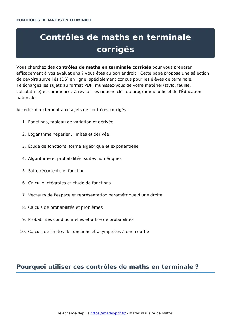 Contrôles ?s : contrôle de maths en terminale corrigé en PDF