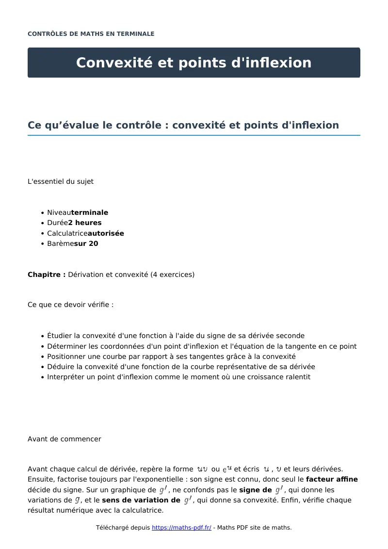 Convexité et points d’inflexion : contrôle de maths en terminale corrigé en PDF