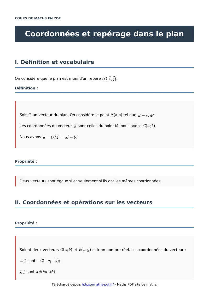 Coordonnées et repérage dans le plan : cours de maths en seconde en PDF