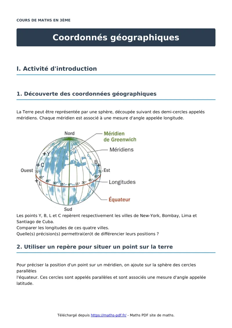 Coordonnés géographiques : cours de maths en 3ème en PDF