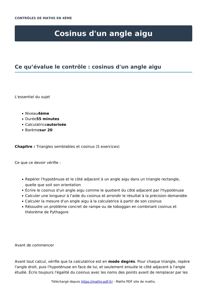 Cosinus d’un angle aigu : contrôle de maths en 4ème corrigé en PDF