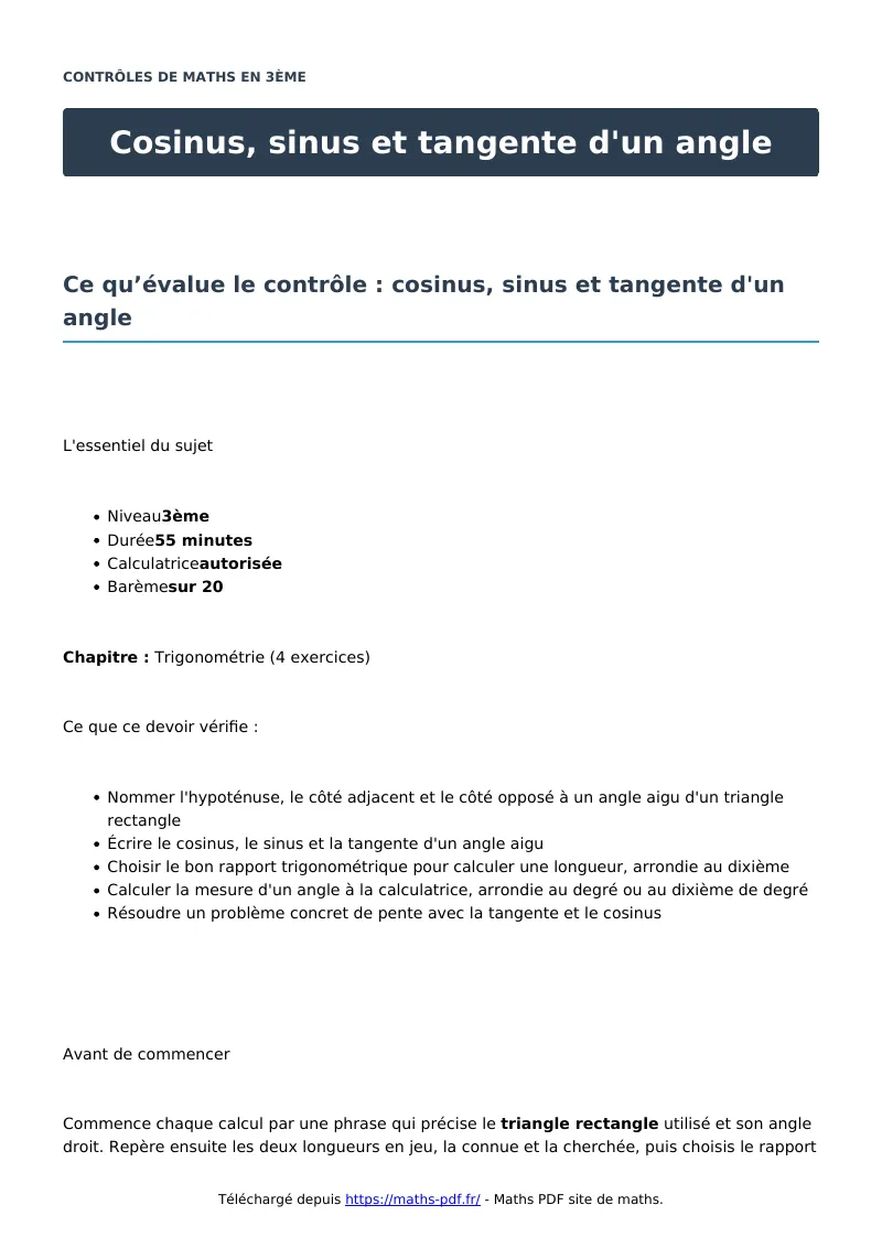 Cosinus, sinus et tangente d’un angle : contrôle de maths en 3ème corrigé en PDF