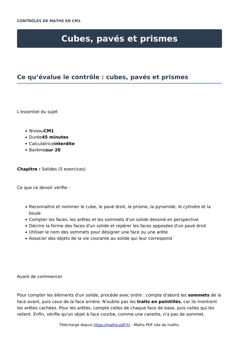 Cubes, pavés et prismes : contrôle de maths en CM1 corrigé en PDF