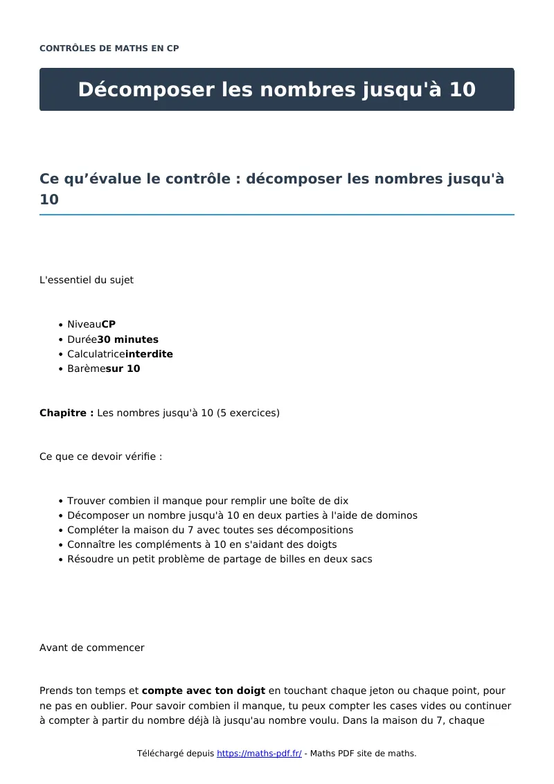 Décomposer les nombres jusqu’à 10 : contrôle de maths en CP corrigé en PDF