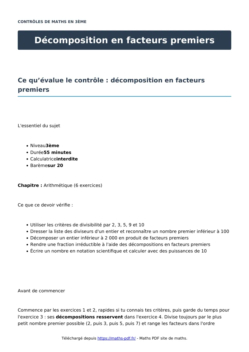 Décomposition en facteurs premiers : contrôle de maths en 3ème corrigé en PDF