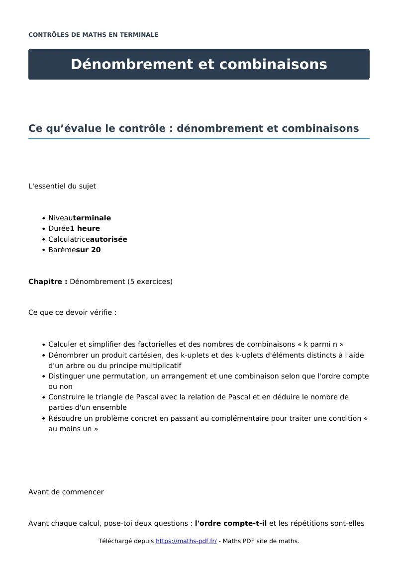 Dénombrement et combinaisons : contrôle de maths en terminale corrigé en PDF