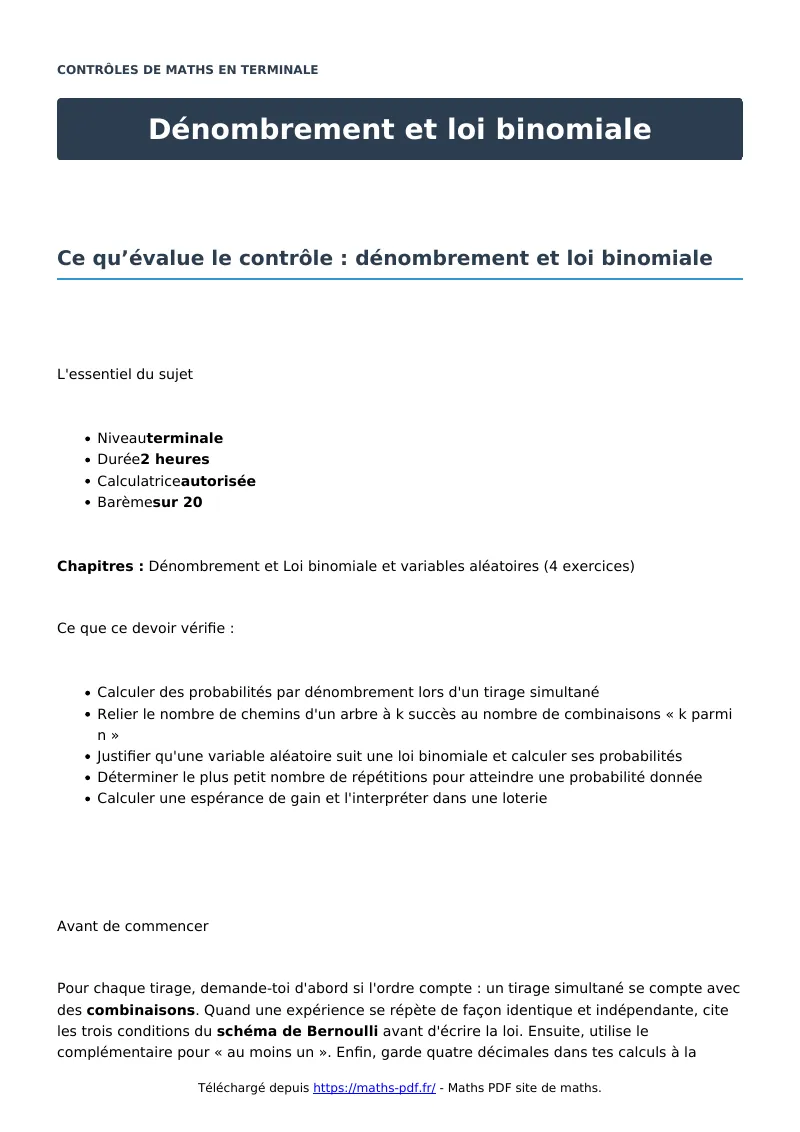 Dénombrement et loi binomiale : contrôle de maths en terminale corrigé en PDF